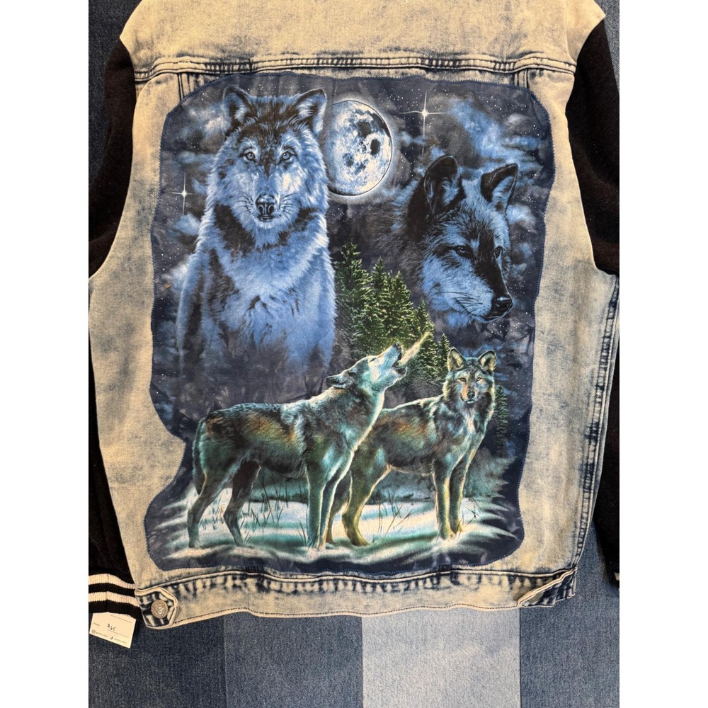 CRTV LTRCY Mens Upcycled Denim Wolf Patchwork Hooded Jacket Acid Wash Blue Large